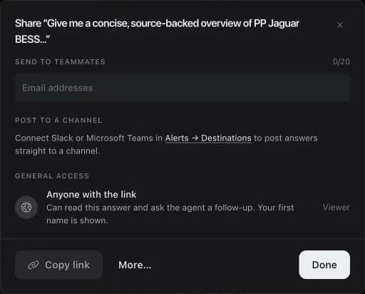 Share-answer dialog for a public PP Jaguar BESS overview, showing teammate entry, connected-channel guidance, link access, and copy-link action.