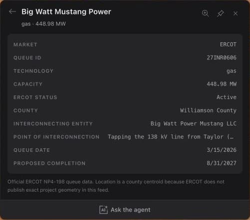 Big Watt Mustang queue project card with published status, dates, and county-centroid location qualification.