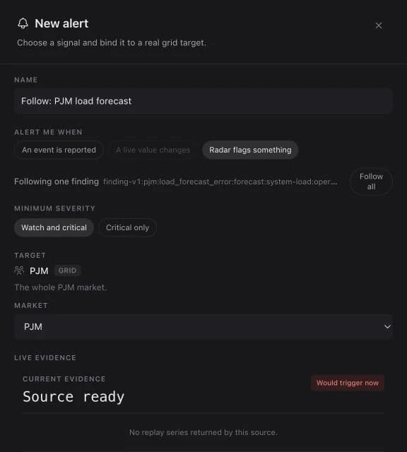 New alert editor prefilled from a PJM load-forecast finding, with Radar trigger, severity, market scope, and live evidence.