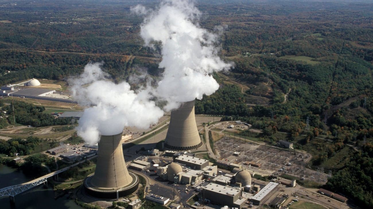 Aerial view of Beaver Valley Power Station and its cooling towers beside the Ohio River in Pennsylvania