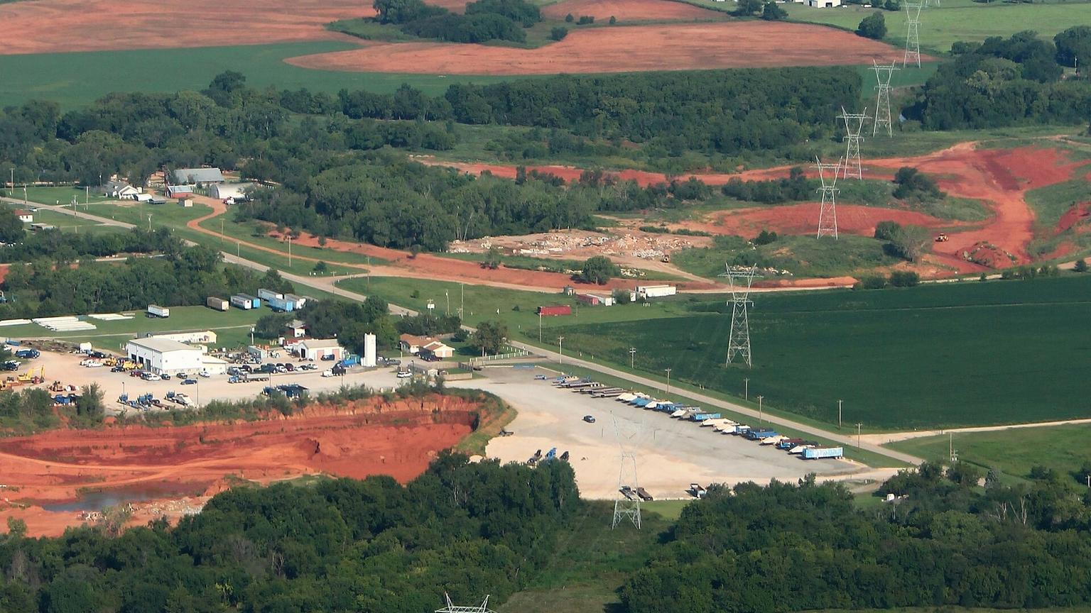 Aerial view of transmission lines crossing fields south of Oklahoma City