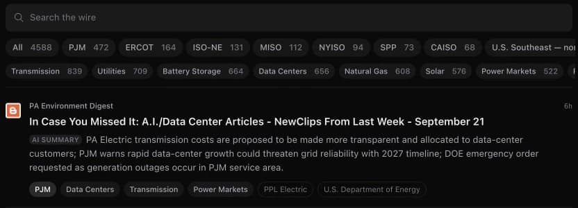 The live Energy Wire with search, market and topic filters, the original publisher, an AI summary label, and the Ask action on a story.