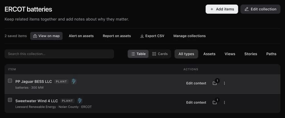 Saved collection showing two named ERCOT assets and actions to view them on the map, create an alert or report, and export CSV.