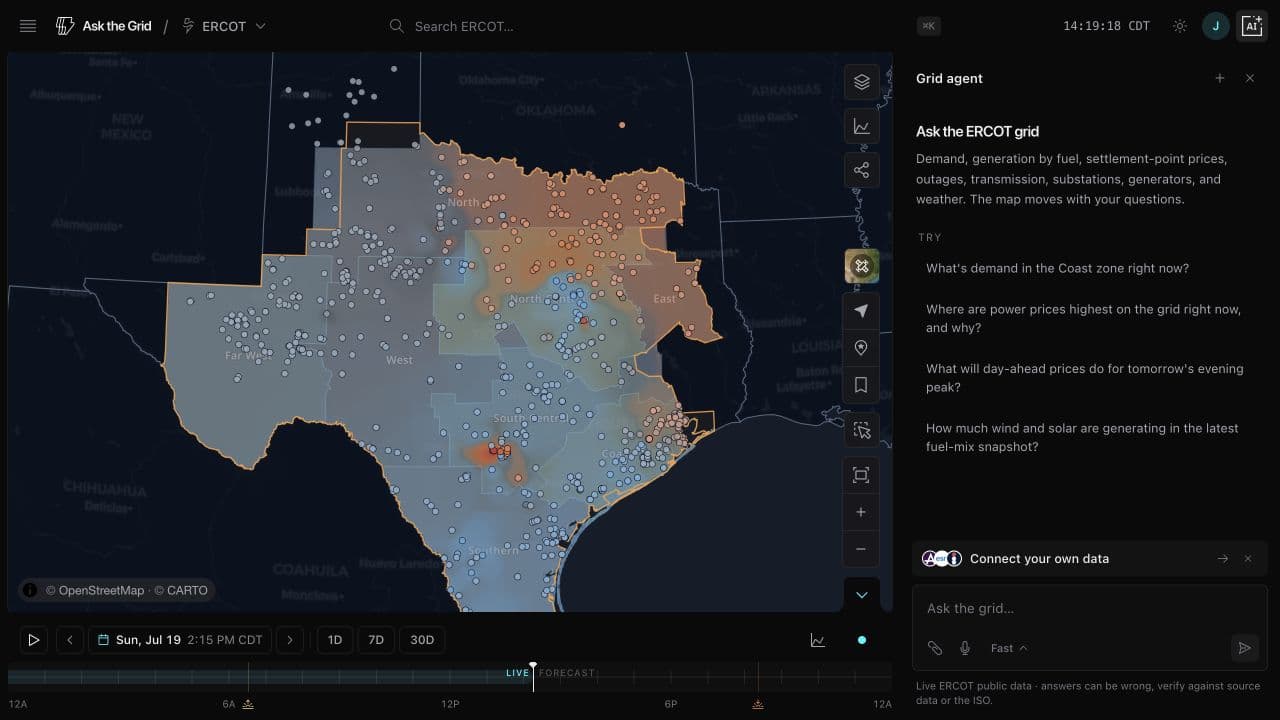 The live ERCOT map and agent together, with the agent explicitly framed around ERCOT demand, prices, generation, transmission, and weather.