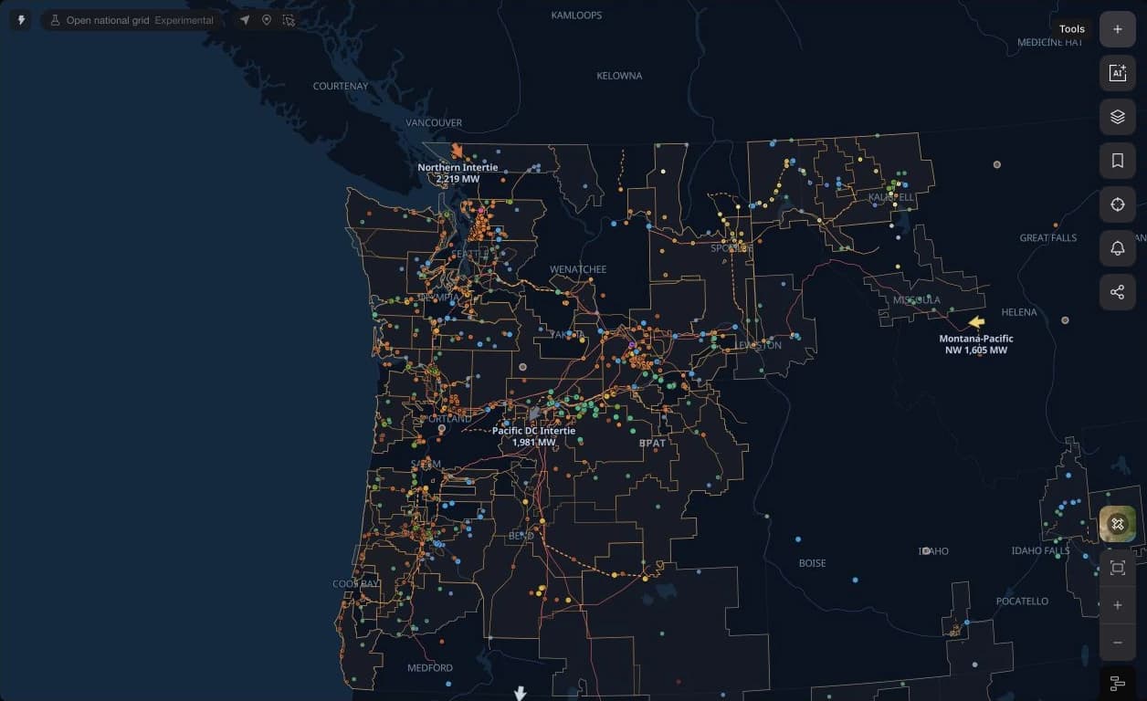 The live BPA map showing Northwest utility territories, transmission infrastructure, generation, and named intertie flow arrows.