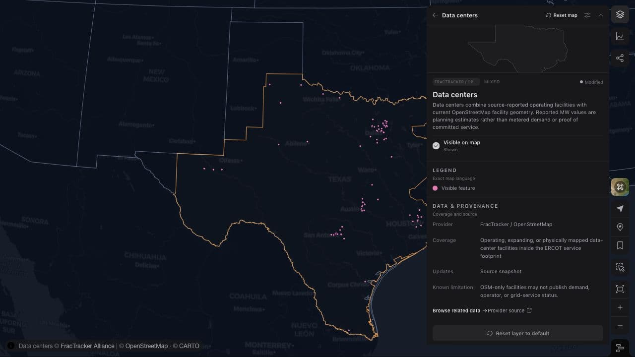 The ERCOT map showing publicly mapped data centers beside layer sources, coverage, and limitations.