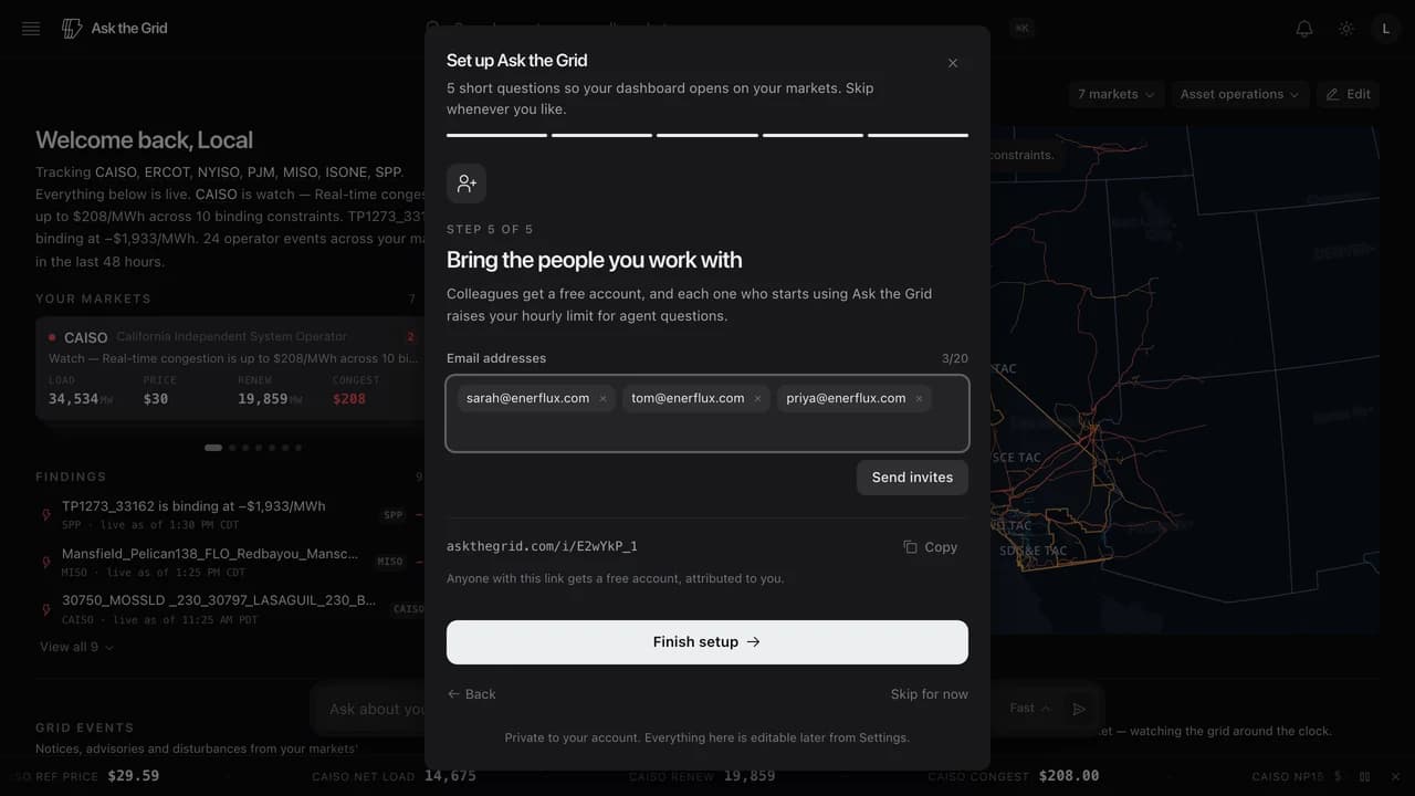 The final setup step with three colleague addresses entered as removable chips, a 3 of 20 counter, a Send invites button, and the shareable invite link below it.