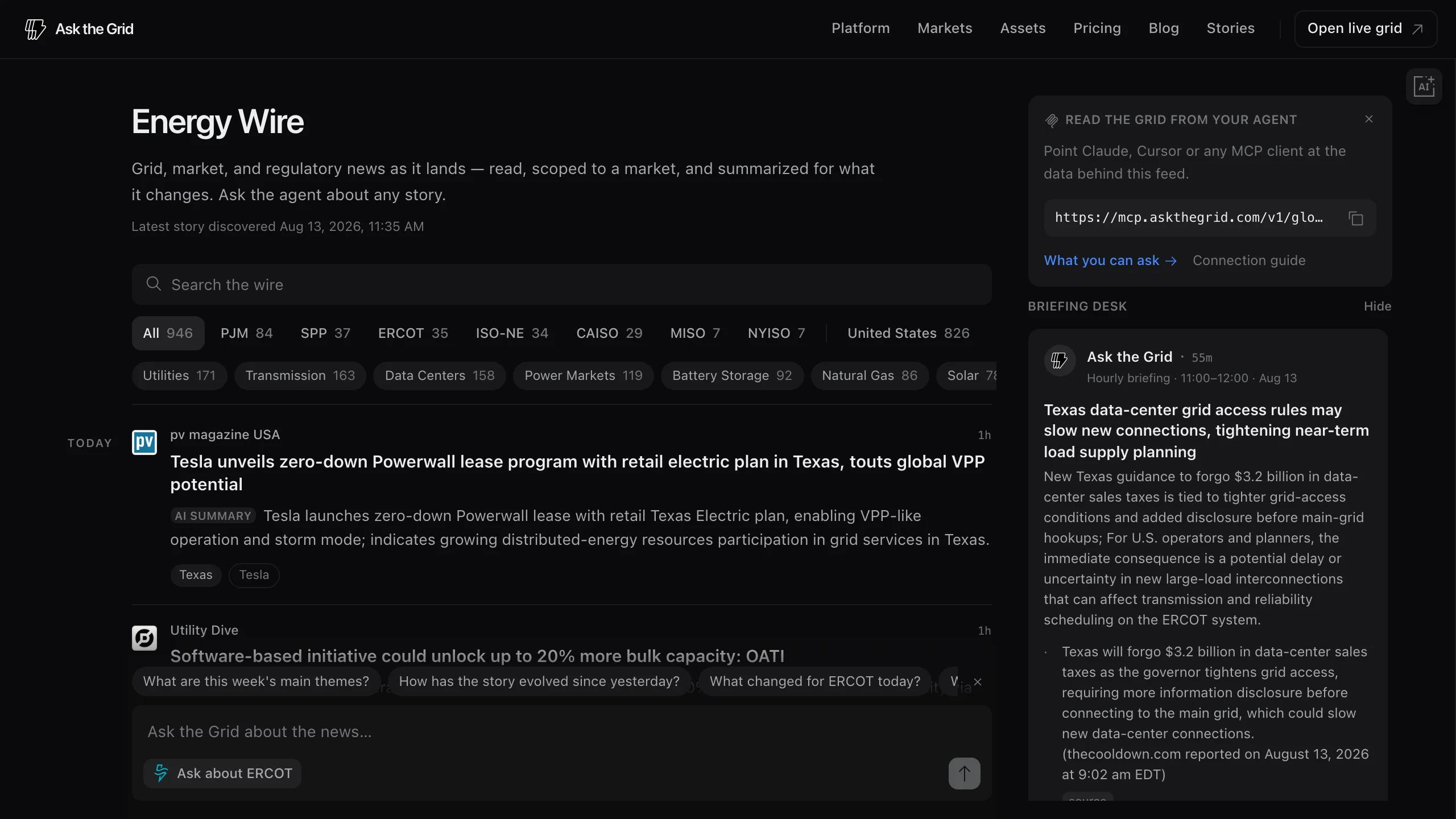 The Ask the Grid Energy Wire showing market filters, attributed power-sector stories, original publishers, and the Briefing Desk.