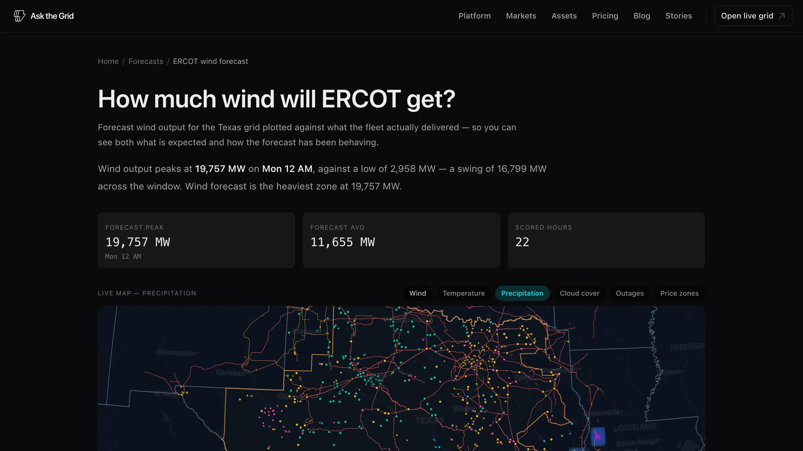 An ERCOT wind forecast map with controls for weather, outages, and price-zone layers.