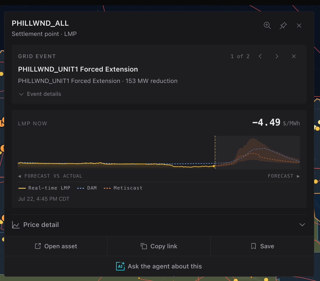 An ERCOT settlement-point page showing a current grid event above the asset's real-time price chart.