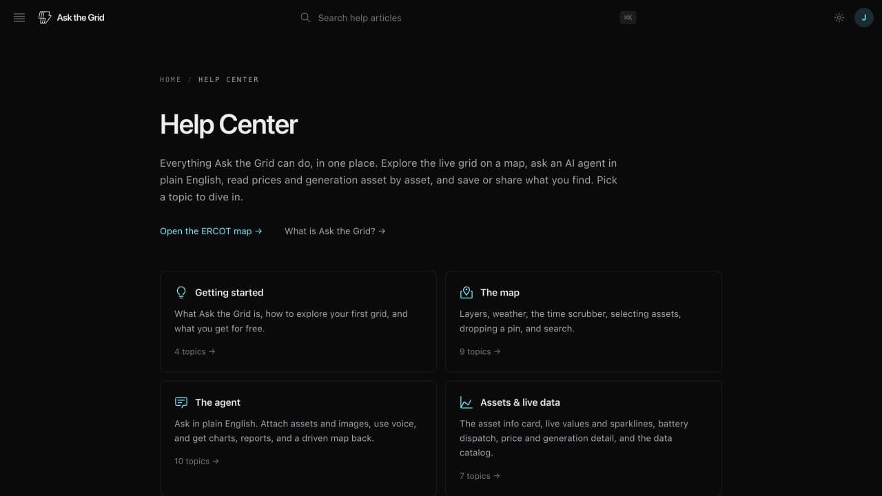 The live Ask the Grid Help Center with search and feature guides for getting started, the map, the agent, and assets and data.