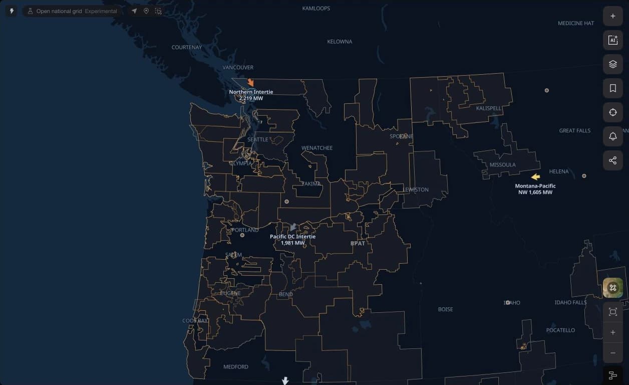 BPA map with labelled Northern Intertie, Pacific DC Intertie, and Montana-Pacific Northwest flow arrows.
