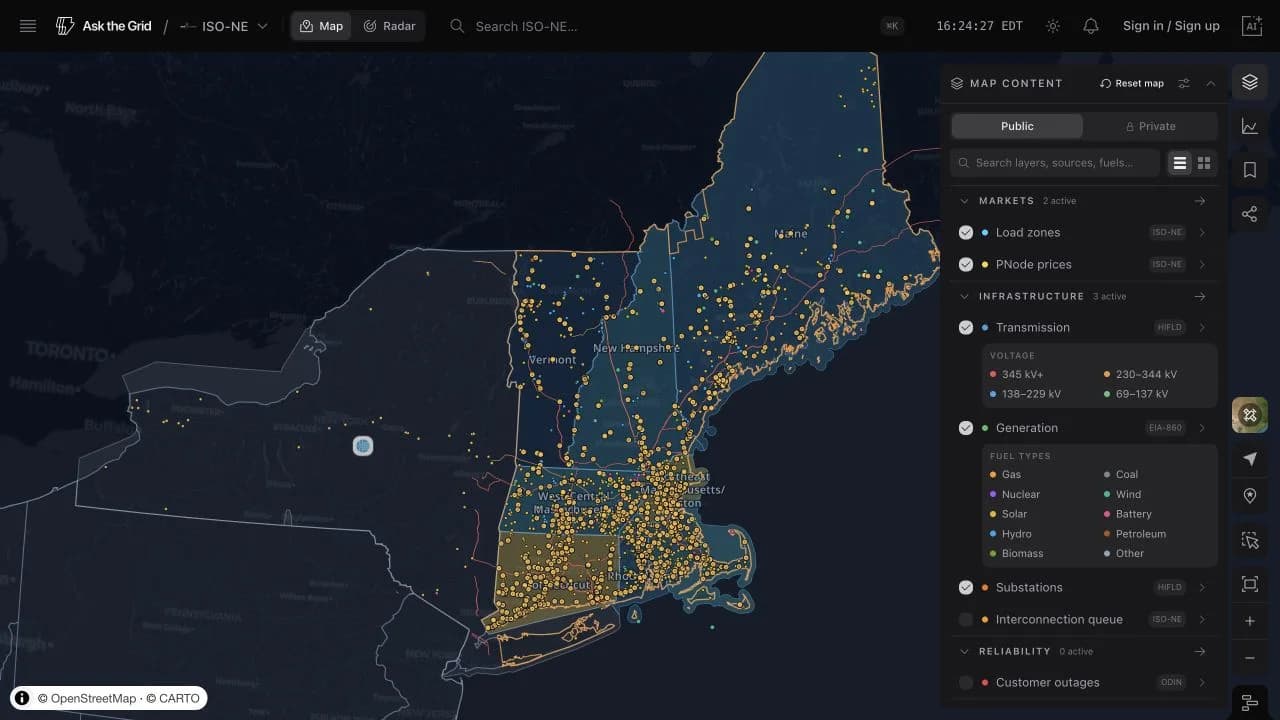 The ISO New England map with the interconnection queue layer enabled, counties shaded by requested capacity