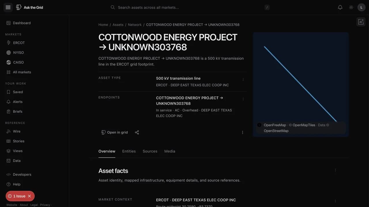 The Cottonwood Energy Project transmission-line asset page with ERCOT identity, endpoints, operator, and mapped route.