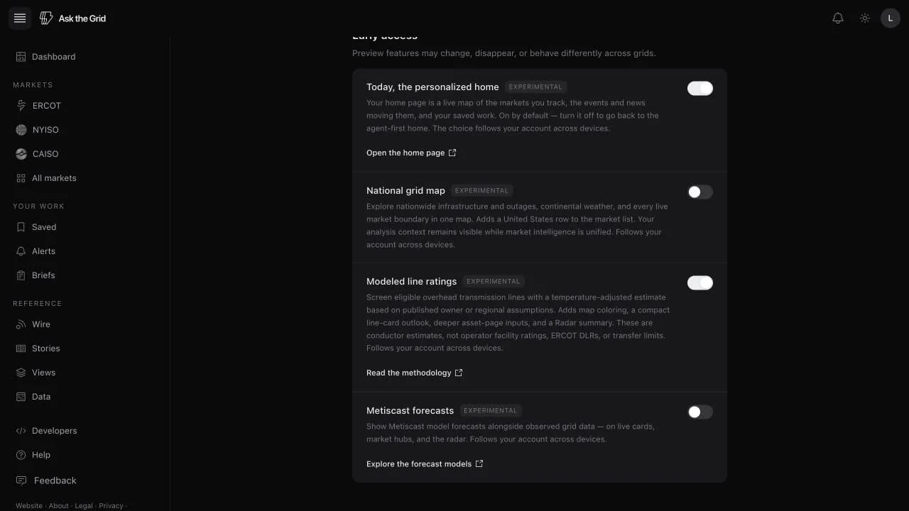The Ask the Grid Experiments settings page with Modeled line ratings enabled for the signed-in account.