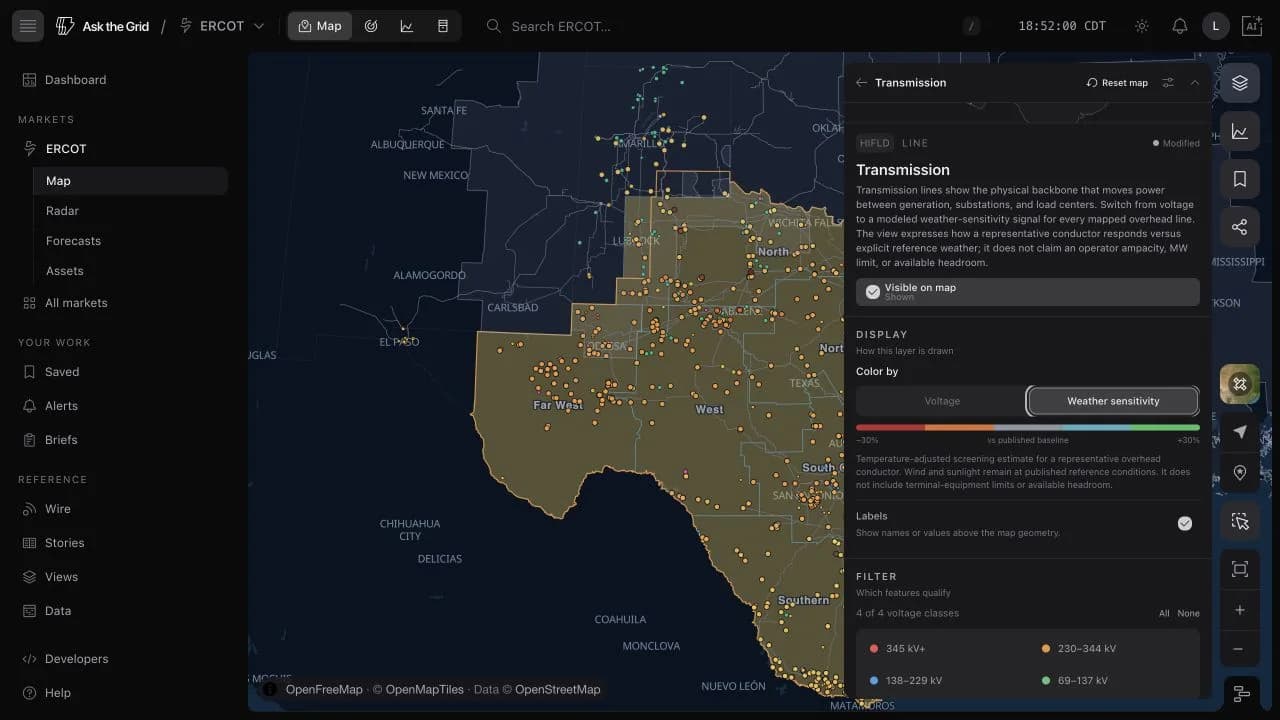 The ERCOT map Transmission settings showing all voltage classes and Weather sensitivity selected under Color by.