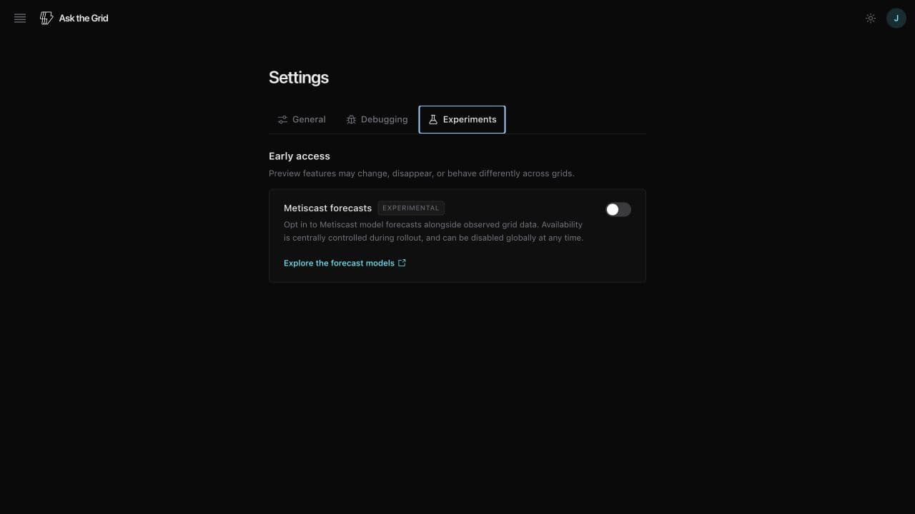 The signed-in Ask the Grid Experiments settings showing the Metiscast forecasts preview control switched off.