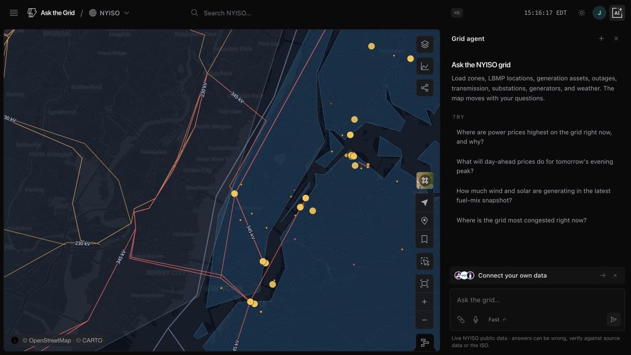 The live NYISO grid on Ask the Grid showing New York City price nodes, transmission lines, and the NYISO agent.
