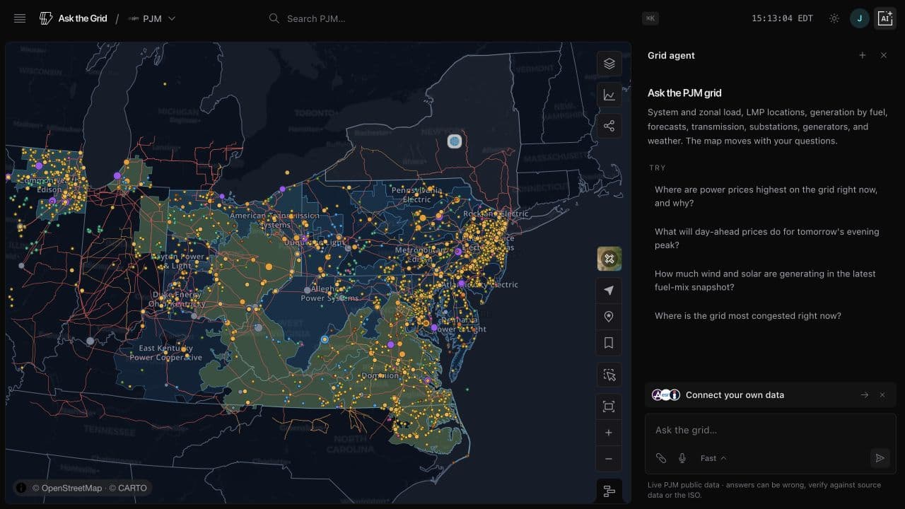 The live PJM grid on Ask the Grid showing zonal boundaries, generators, transmission, and the PJM agent across the full footprint.