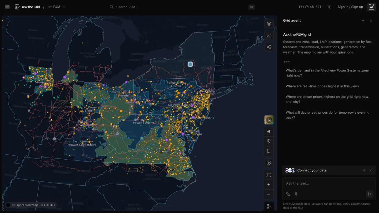 The PJM map with the interconnection queue layer enabled, counties shaded by requested capacity