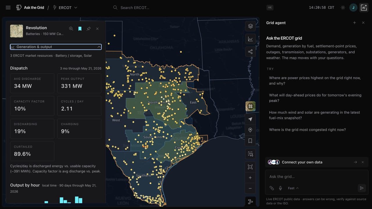 The live ERCOT map with the Revolution battery plant selected and its dispatch, output-by-hour, and latest disclosed output details expanded.