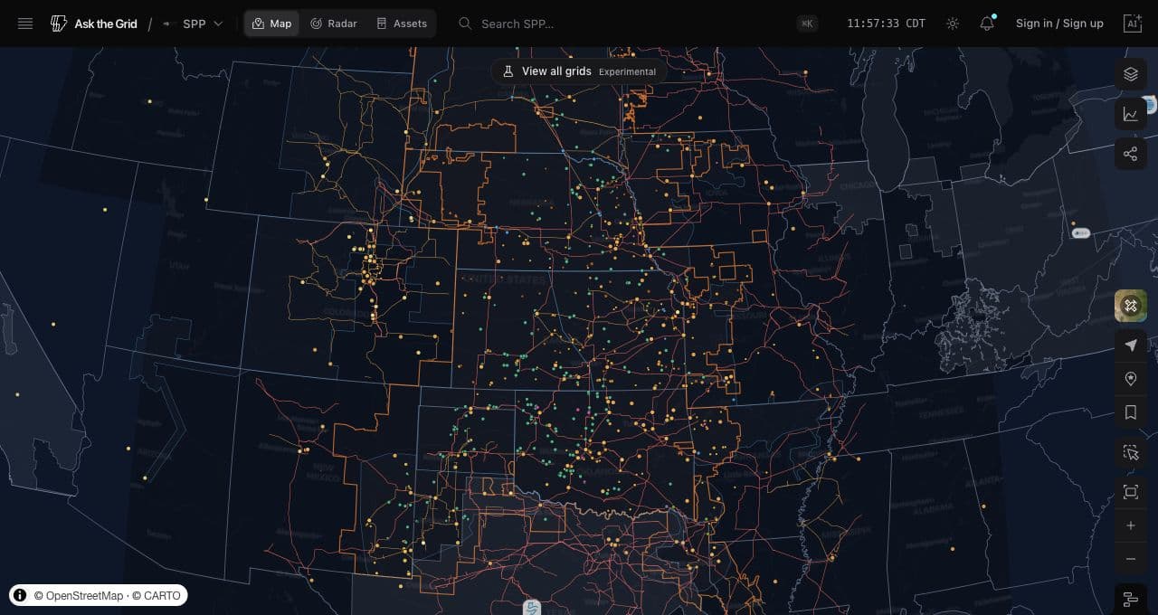 The SPP map with the interconnection queue layer enabled, counties shaded by requested capacity