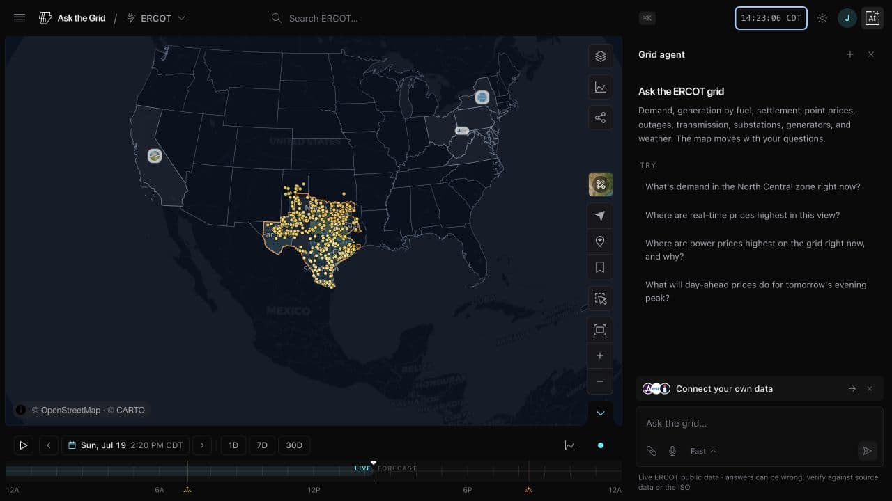 The live ERCOT map with the timeline panel open, showing the current timestamp, day controls, one-day, seven-day, and thirty-day ranges, and the time scrubber.