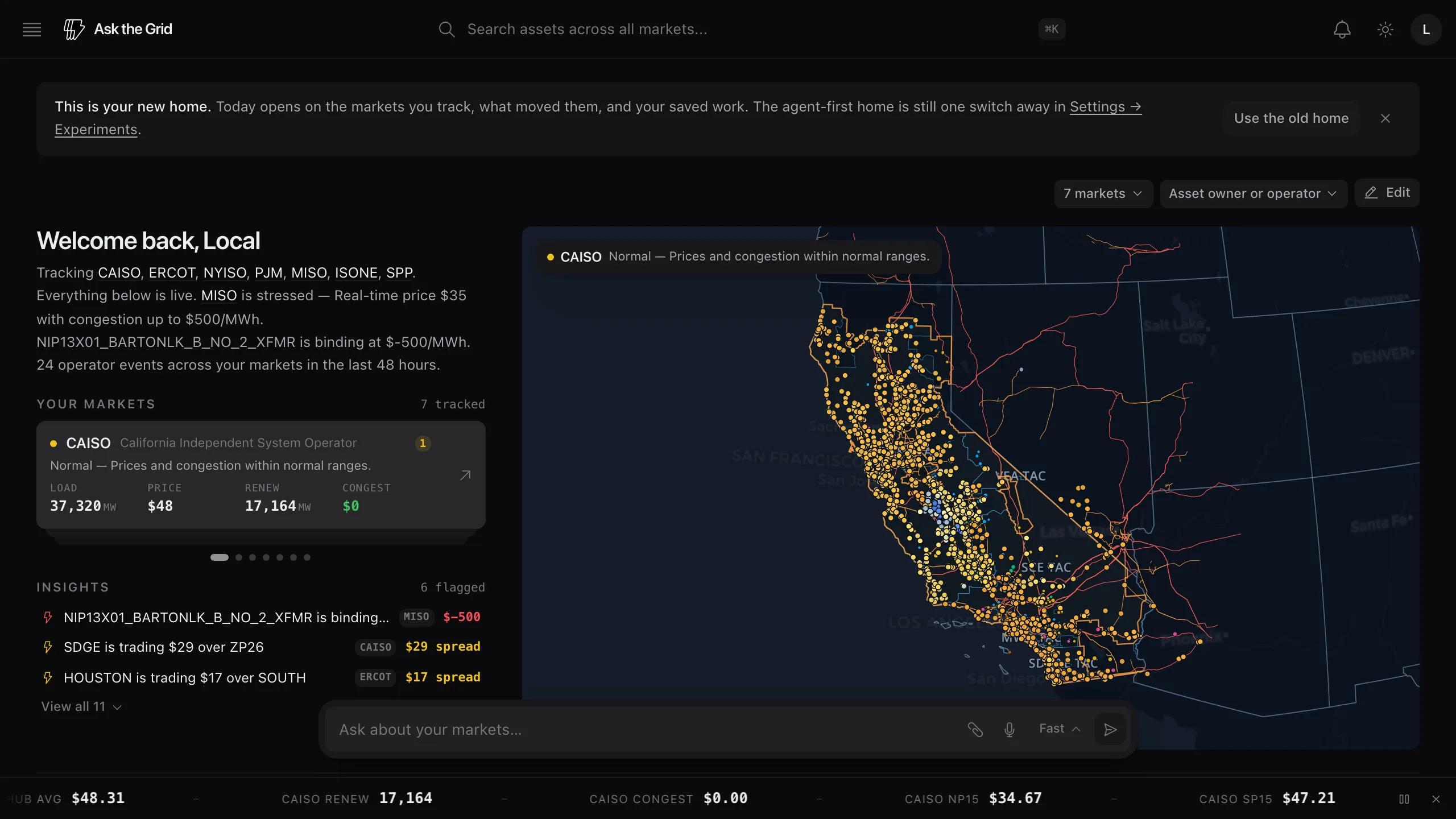 The Today home page: a notice that it is the new default, a live CAISO map beside tracked-market cards, and a flagged insights list with real prices and constraints.