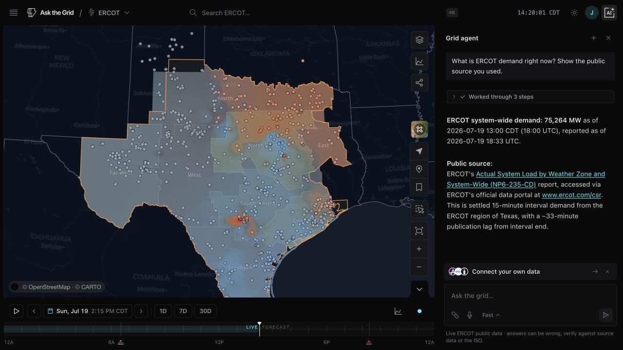 An Ask the Grid answer reporting ERCOT system-wide demand and linking to the public ERCOT reports used as sources.