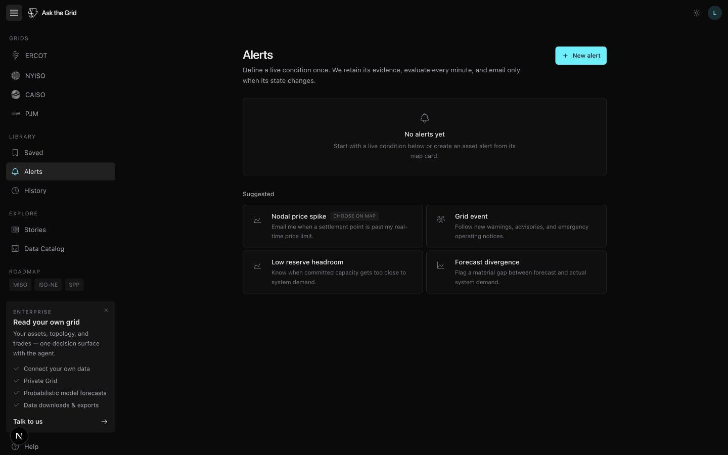 The Alerts manager showing suggested rule templates and account-level alert status.
