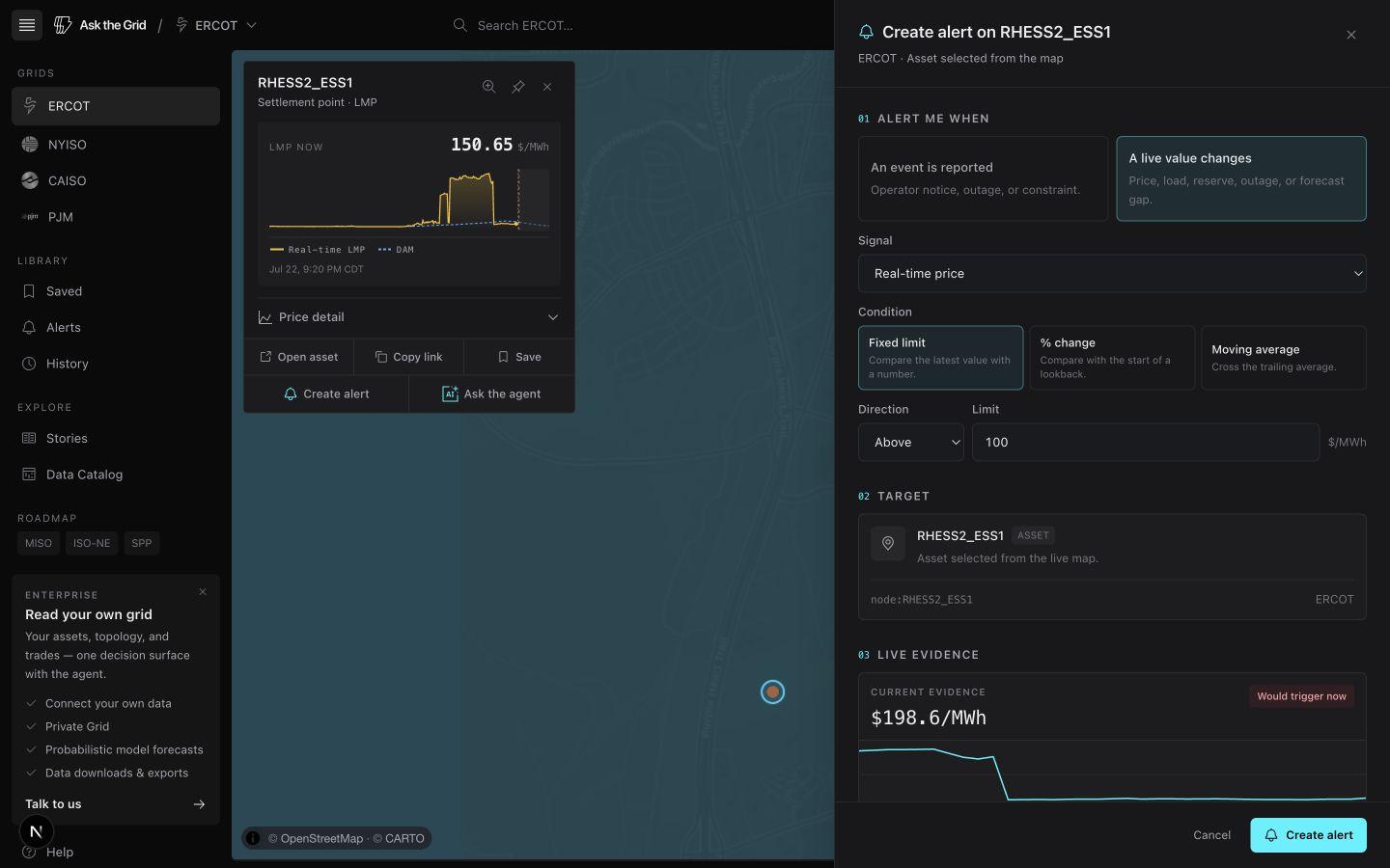 The ERCOT map with a selected price node and its price alert open in the global right-side panel.