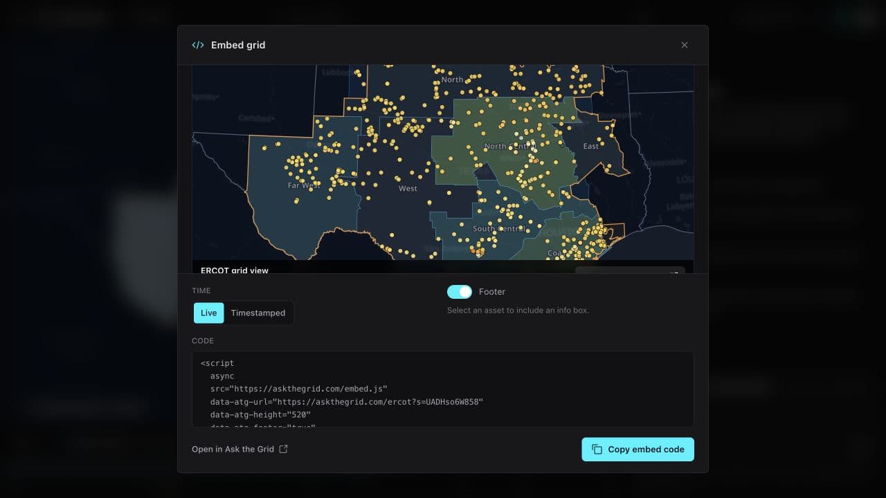 The Ask the Grid embed builder with an ERCOT map preview, live or timestamped time controls, presentation options, embed code, and copy button.