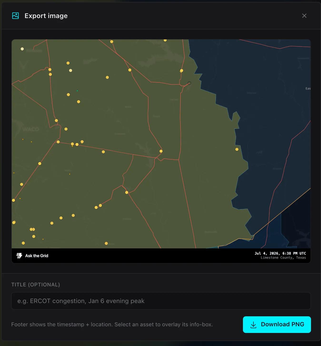 The Export image dialog previewing a branded PNG of the map with a timestamp and location footer, a title field, and a Download PNG button.