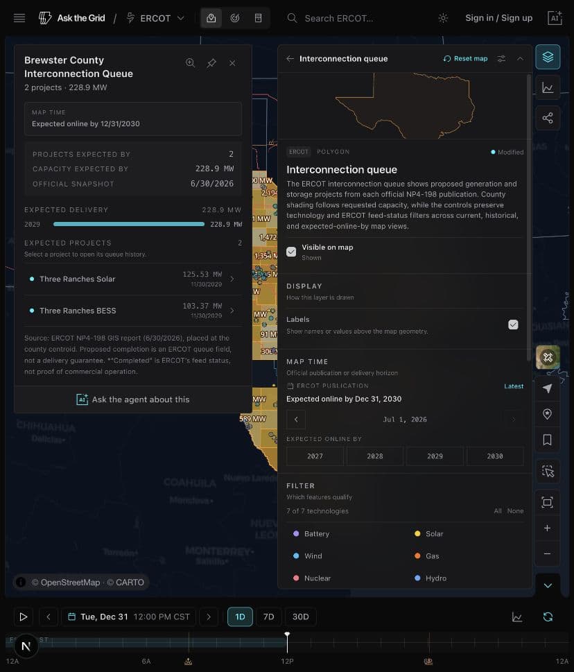 The ERCOT map with an interconnection queue county selected and the layer panel showing publication, expected-online-by, technology, status, source, and limitation controls.