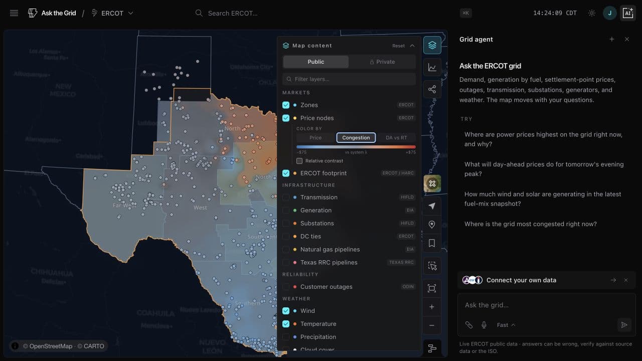 The ERCOT map colored by congestion with price nodes across Texas and the Map content panel showing Congestion selected.