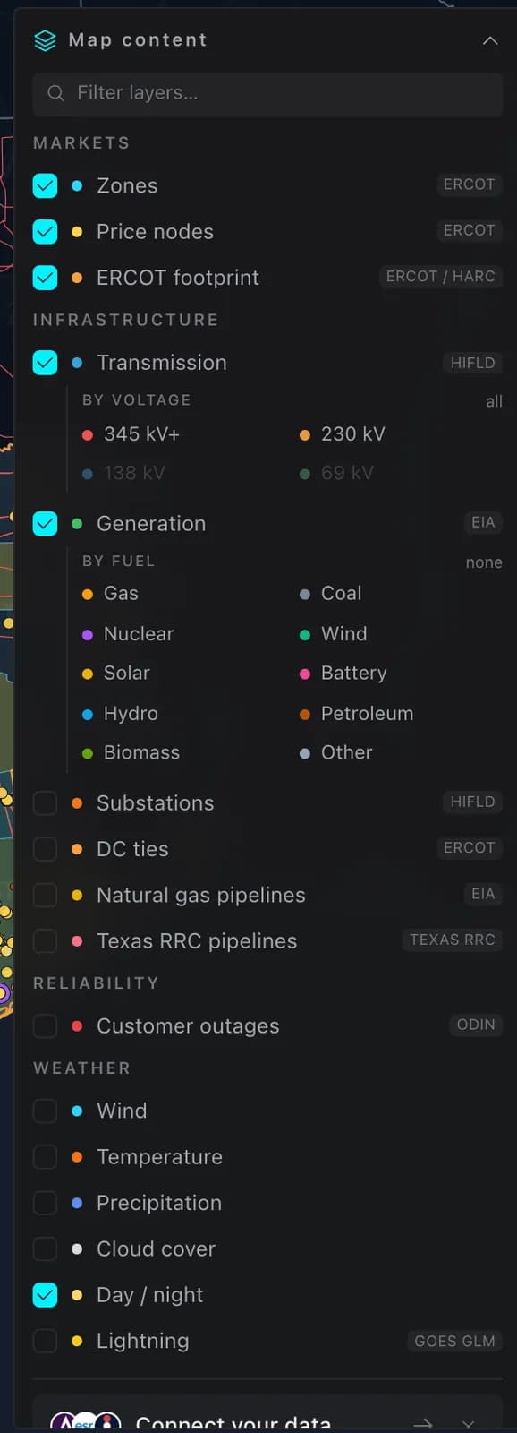 The Map content panel with layers grouped into Markets, Infrastructure, Generation by fuel, Reliability, and Weather.