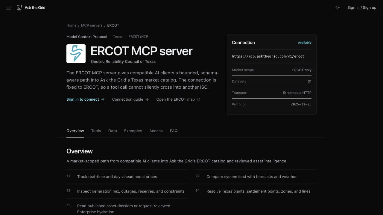 The ERCOT MCP resource page showing its operator identity, signed-in connection actions, endpoint details, section navigation, and market-scoped capabilities.