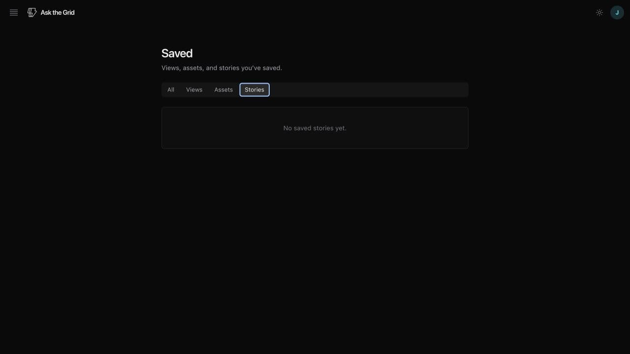 The Ask the Grid Saved library with filters for all saved items, views, assets, and stories.