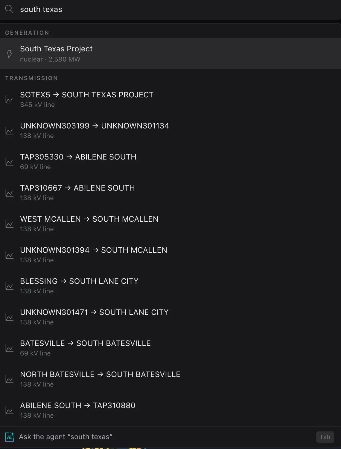 The grid search dropdown showing results grouped by kind — a generation plant and transmission lines — with a Tab-to-agent option.