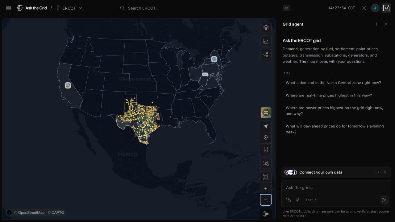 The Ask the Grid map zoomed out across the United States, with ERCOT active and clickable CAISO, PJM, and NYISO grid markers visible.