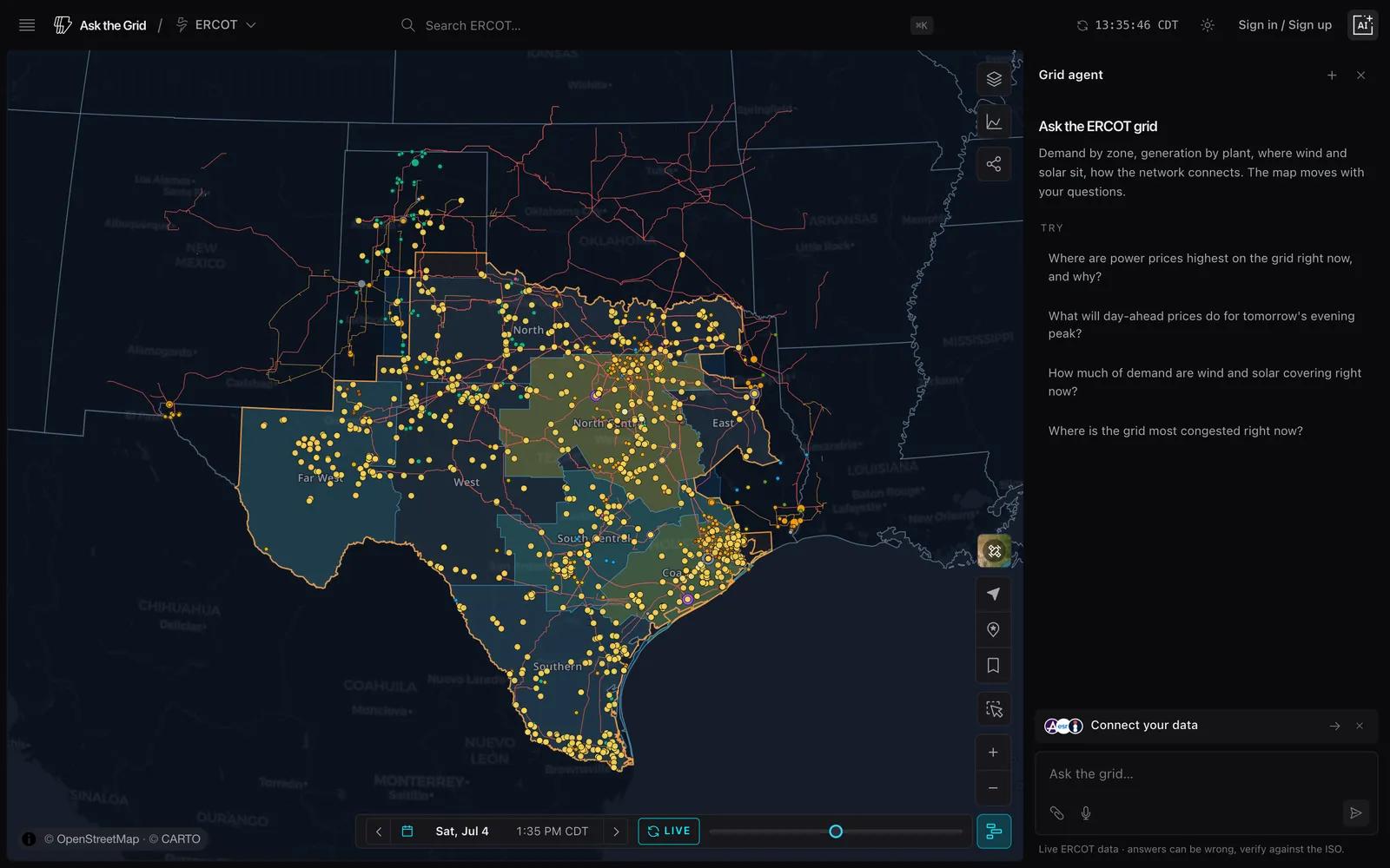 The Ask the Grid workspace: a live ISO power-grid map with plants, transmission lines, demand zones, and the grid agent panel.