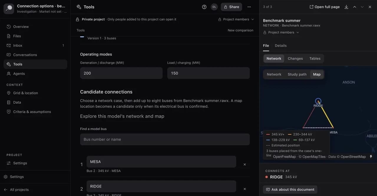 A three-bus test network open in Ask the Grid beside a comparison of two candidate interconnection buses.