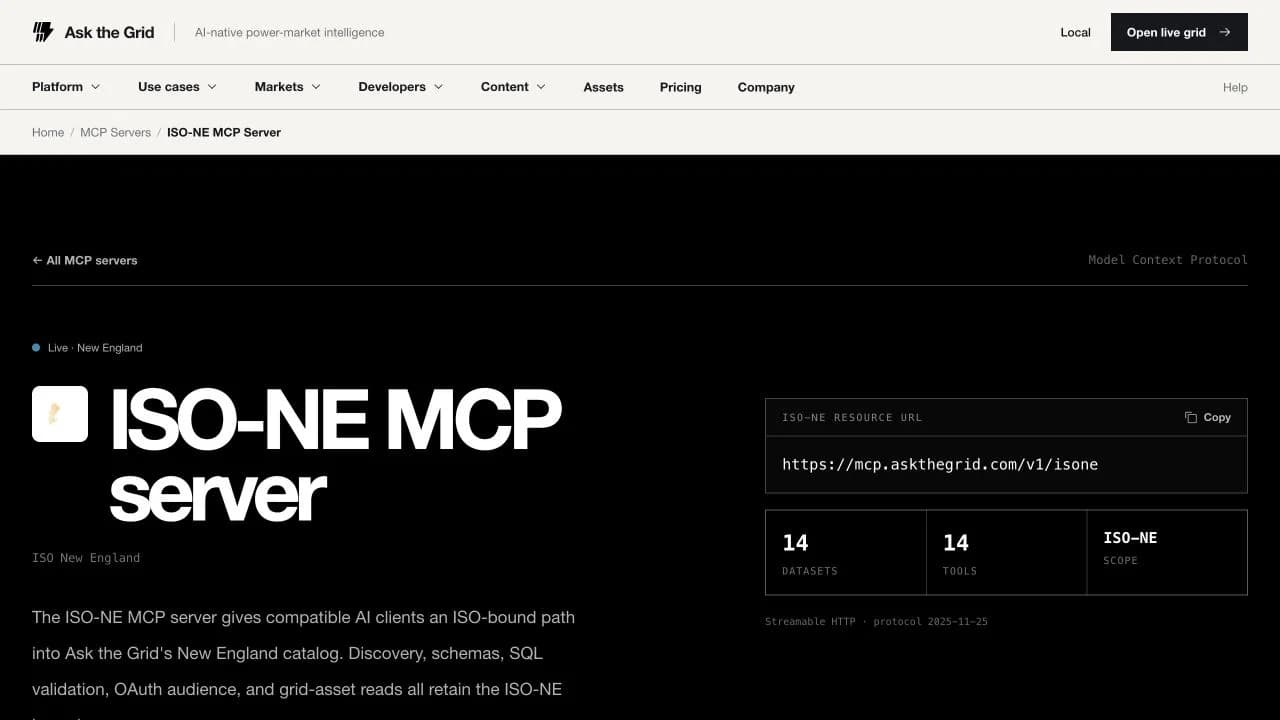 The dedicated ISO-NE MCP server page showing its New England scope, resource URL, 14 query-ready datasets, and 14 typed tools.