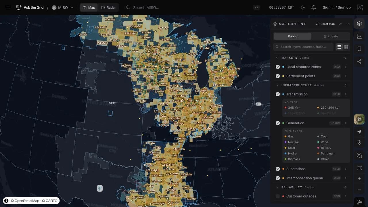 The MISO Map content panel with local resource zones, settlement points, HIFLD transmission and substations, EIA-860 generation, and the MISO interconnection queue enabled.