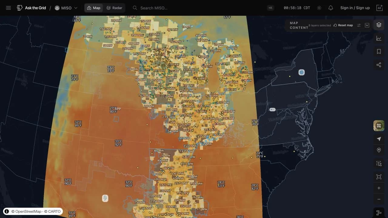 The MISO map with a temperature raster and observations over the market footprint, alongside generation, transmission, settlement points, and queue capacity.