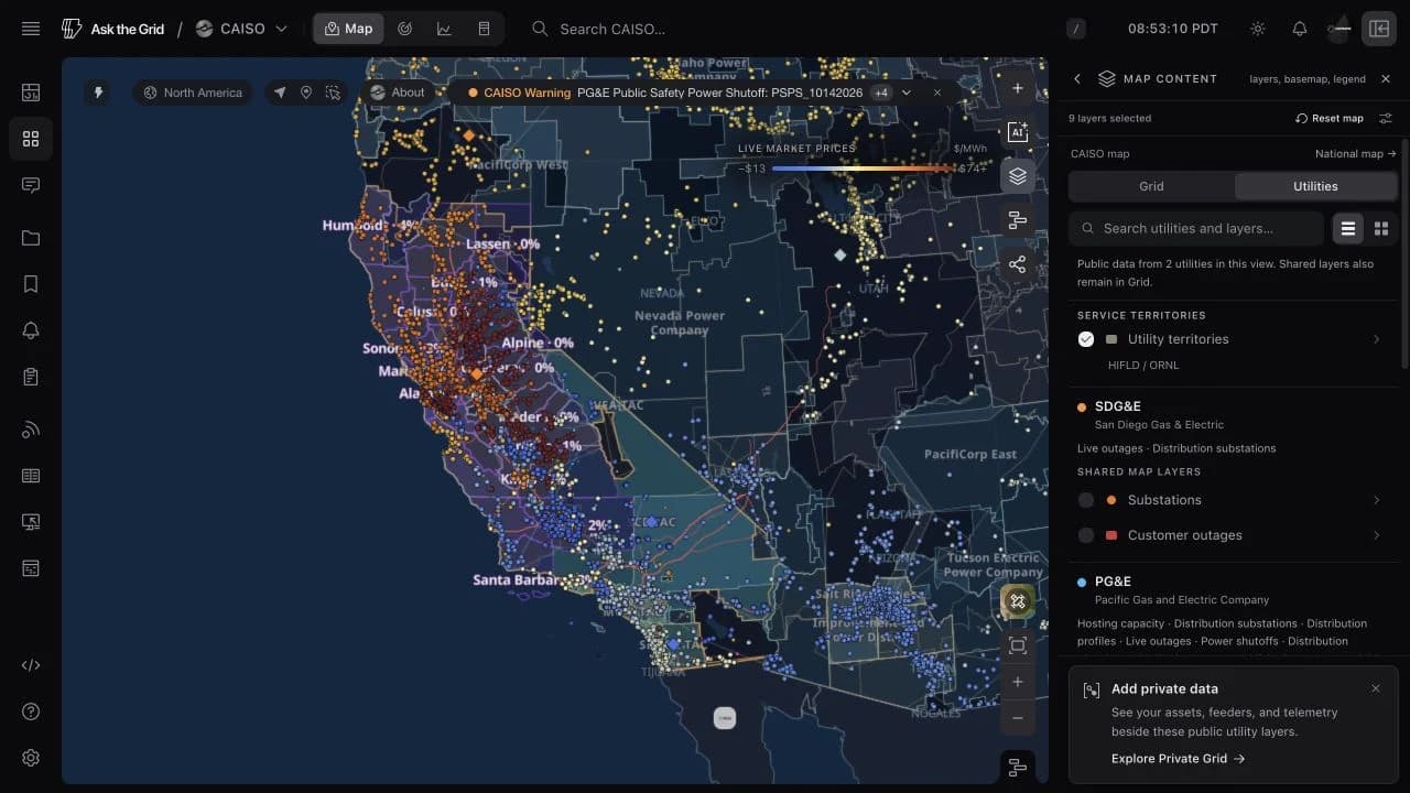 Production CAISO map with utility service territories, distribution hosting-capacity shading and the utility-published layer controls.
