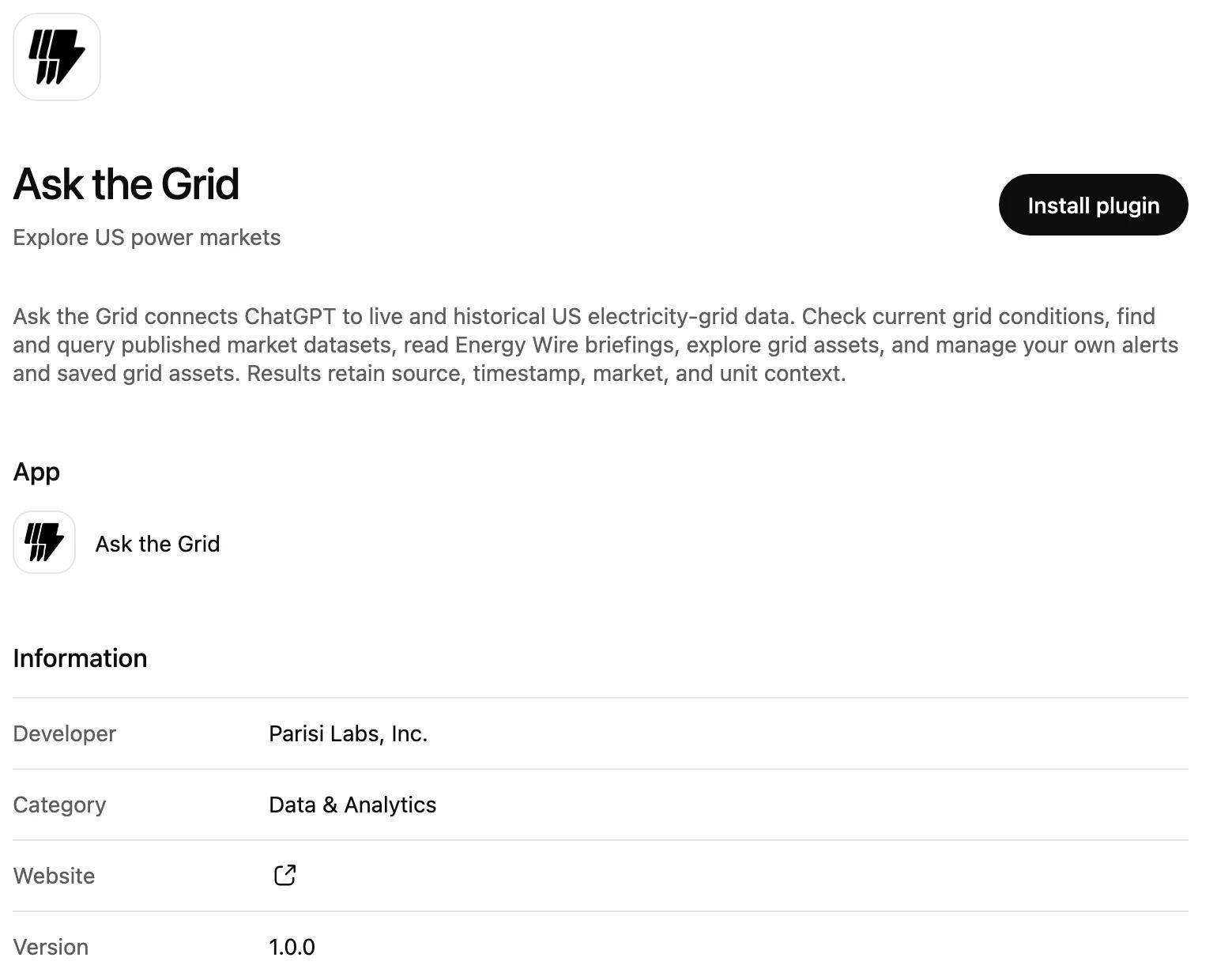 Ask the Grid listing in the ChatGPT plugin directory with its installation action and developer details.