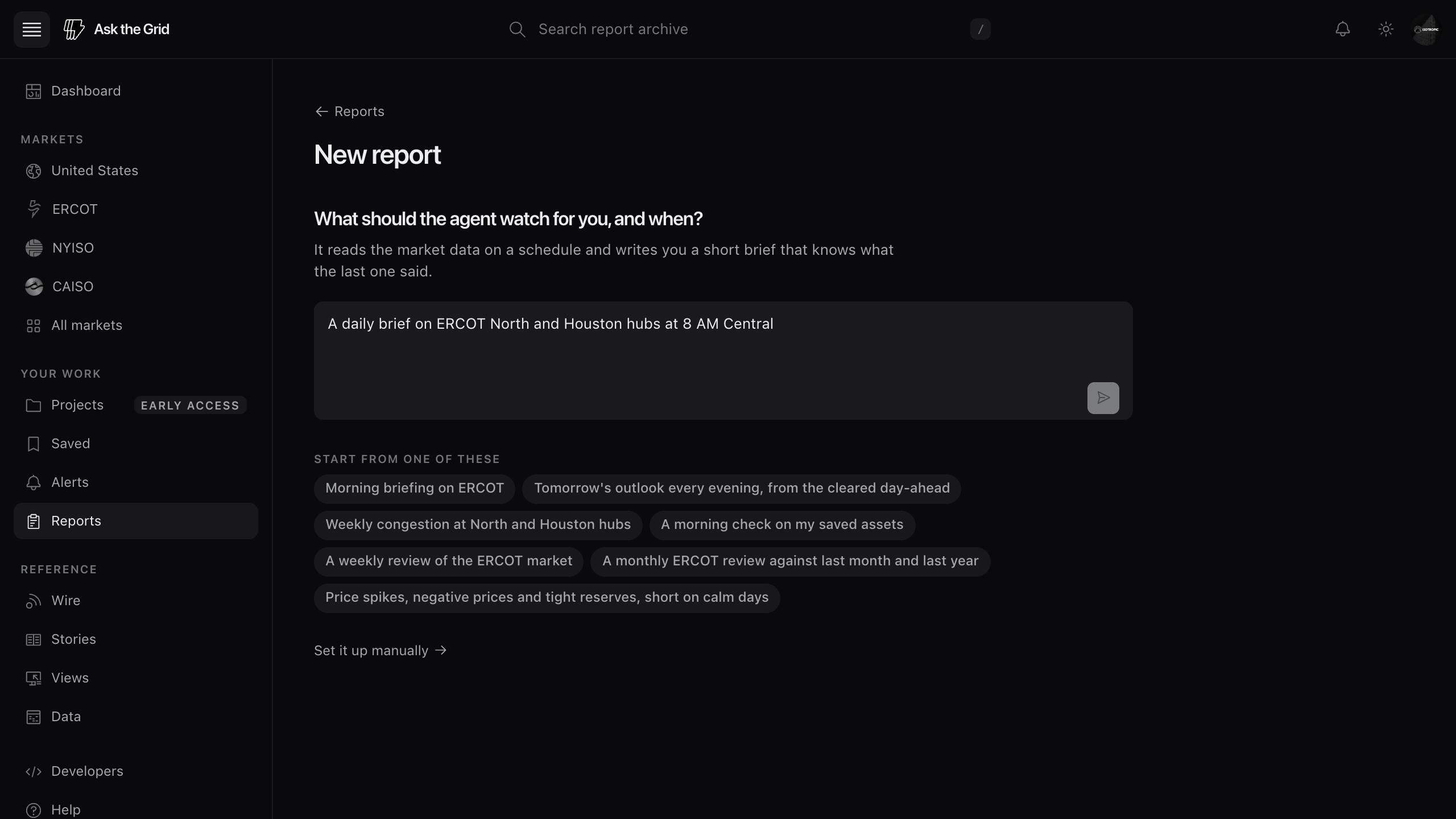 Production report setup with a recurring ERCOT North and Houston hub question and supported starter prompts.