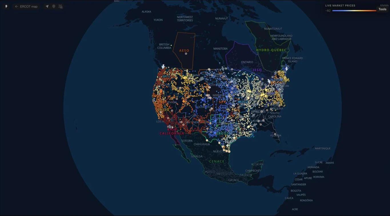 The North America view with live prices across the US grids and the outlined footprints of AESO, IESO, Hydro-Québec and CENACE, framed from Alberta to southern Mexico.