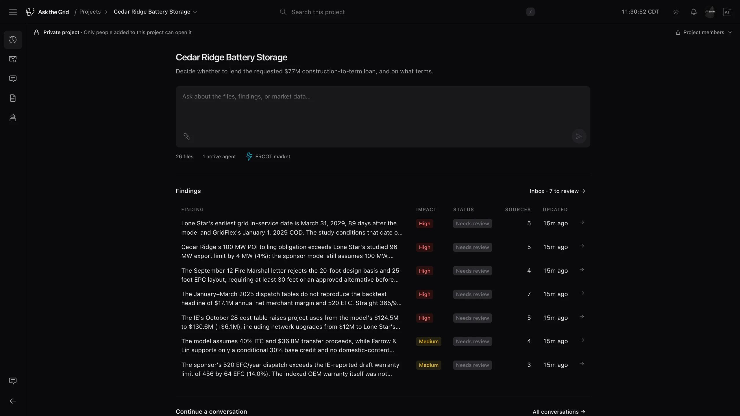 Example project Overview showing findings awaiting review and the saved-conversation section.